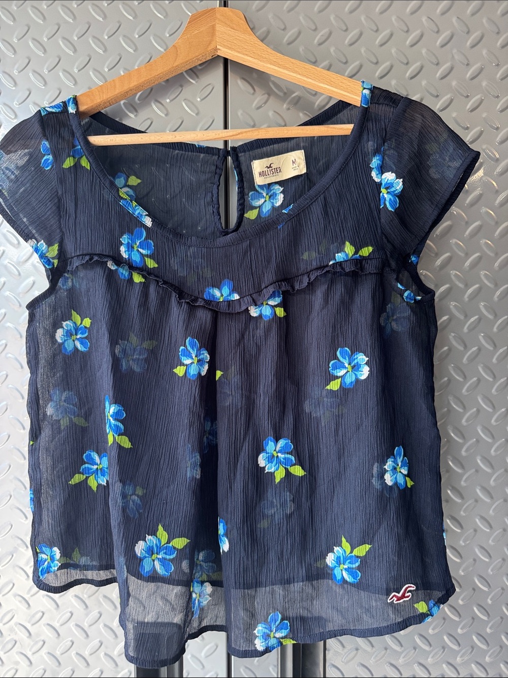 Hollister Navy Floral Ruffle Cap-Sleeve Blouse